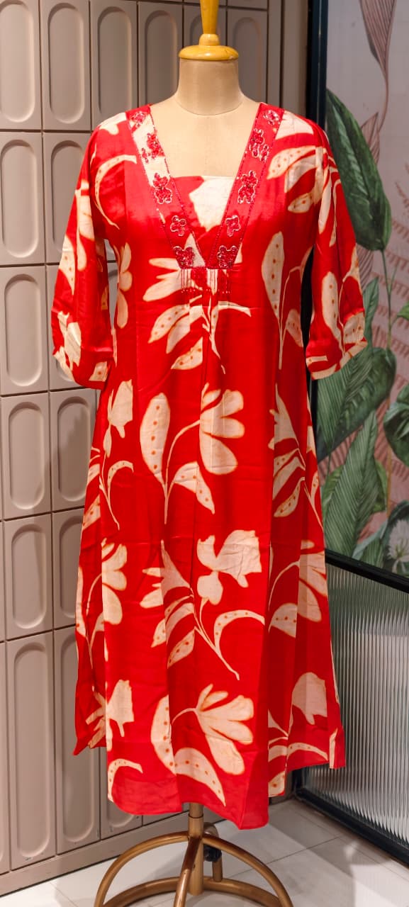 Melodic Printed Cut-Dana Neck Line Tassel Accent Russian Silk Daily Wear Frock- 14638