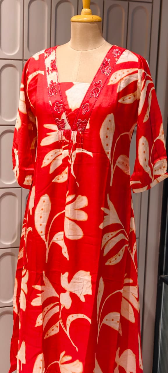Melodic Printed Cut-Dana Neck Line Tassel Accent Russian Silk Daily Wear Frock- 14638