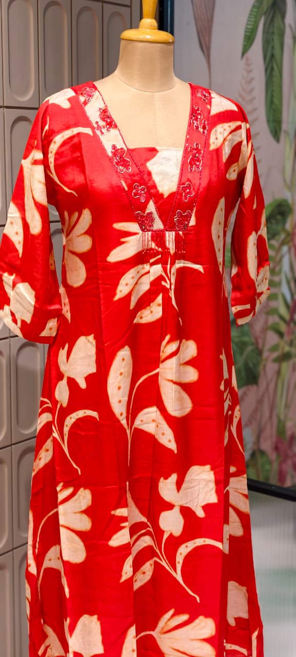 Melodic Printed Cut-Dana Neck Line Tassel Accent Russian Silk Daily Wear Frock- 14638