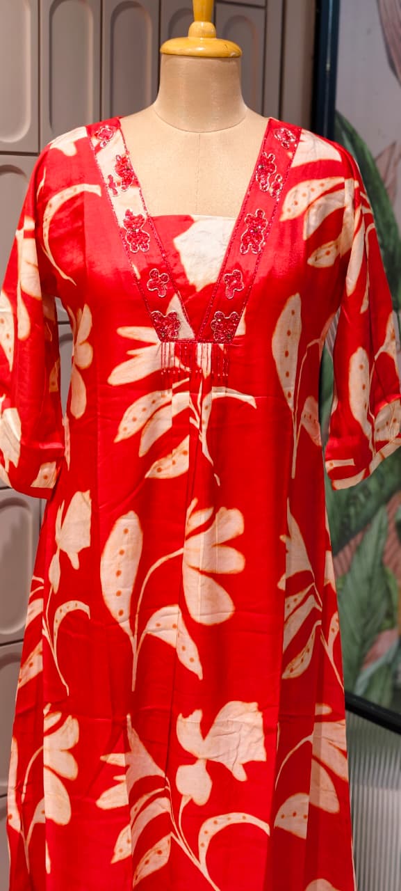 Melodic Printed Cut-Dana Neck Line Tassel Accent Russian Silk Daily Wear Frock- 14638