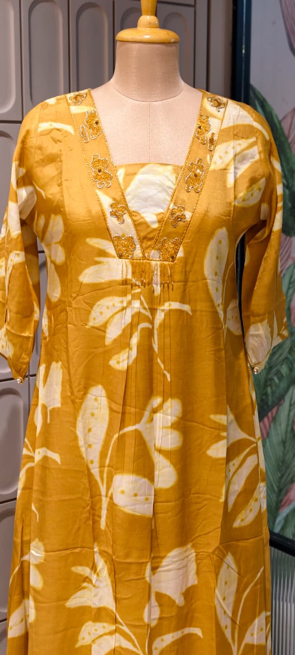 Melodic Printed Cut-Dana Neck Line Tassel Accent Russian Silk Daily Wear Frock- 14638