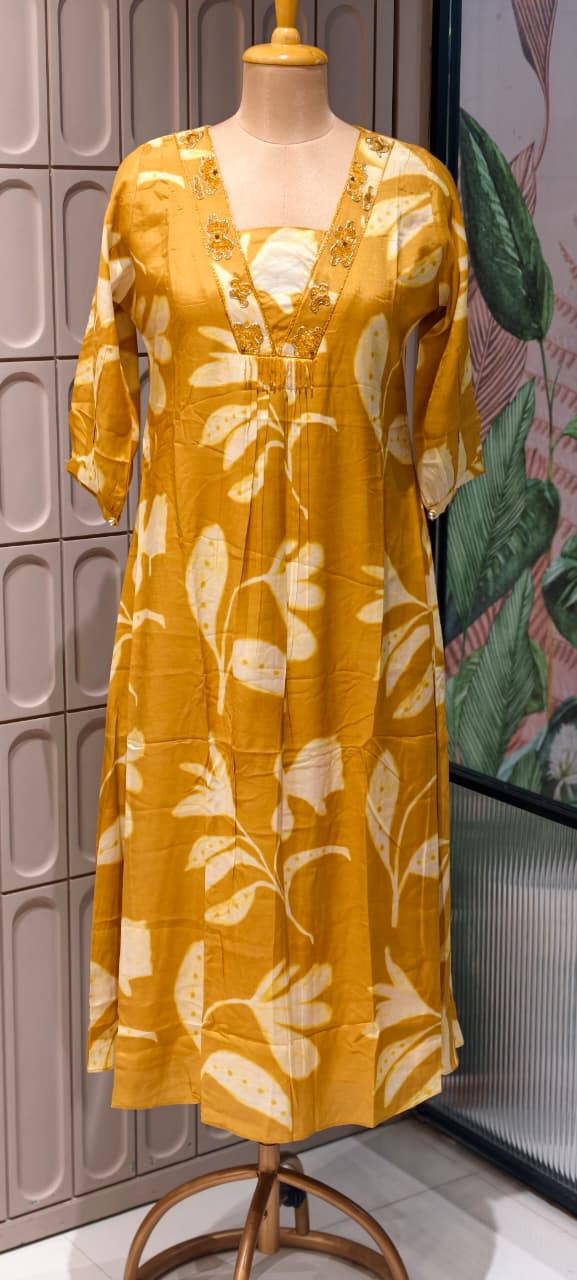Melodic Printed Cut-Dana Neck Line Tassel Accent Russian Silk Daily Wear Frock- 14638