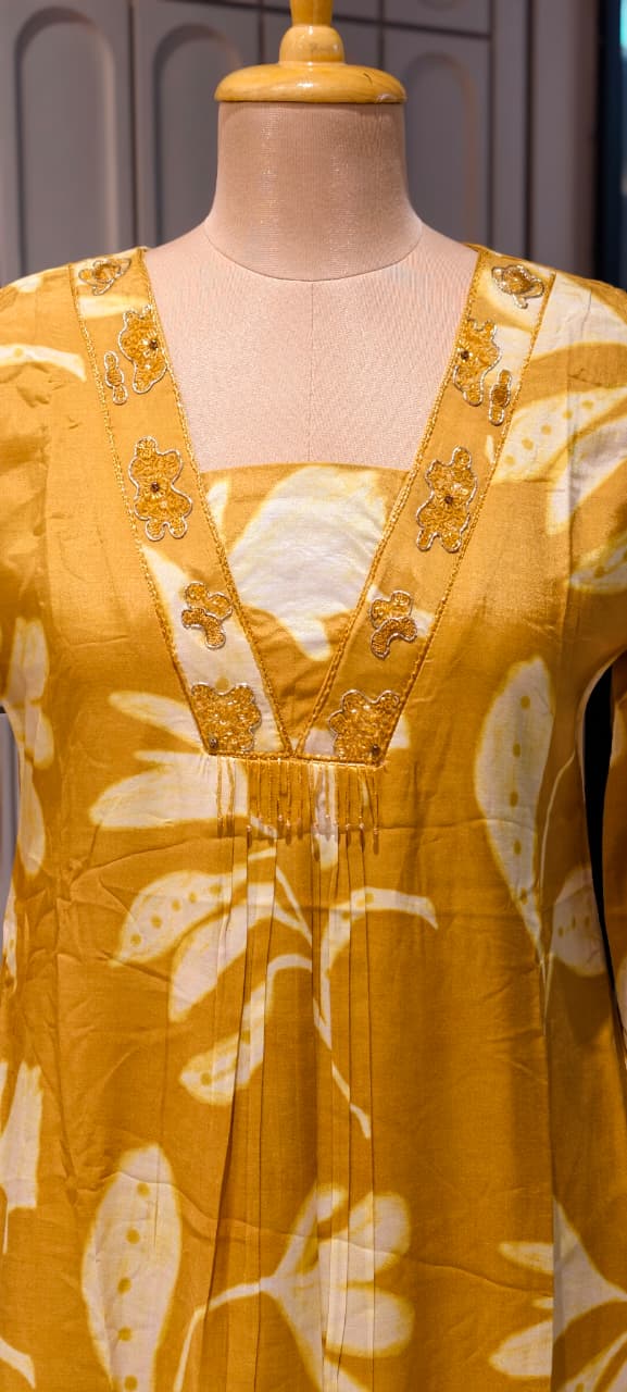 Melodic Printed Cut-Dana Neck Line Tassel Accent Russian Silk Daily Wear Frock- 14638