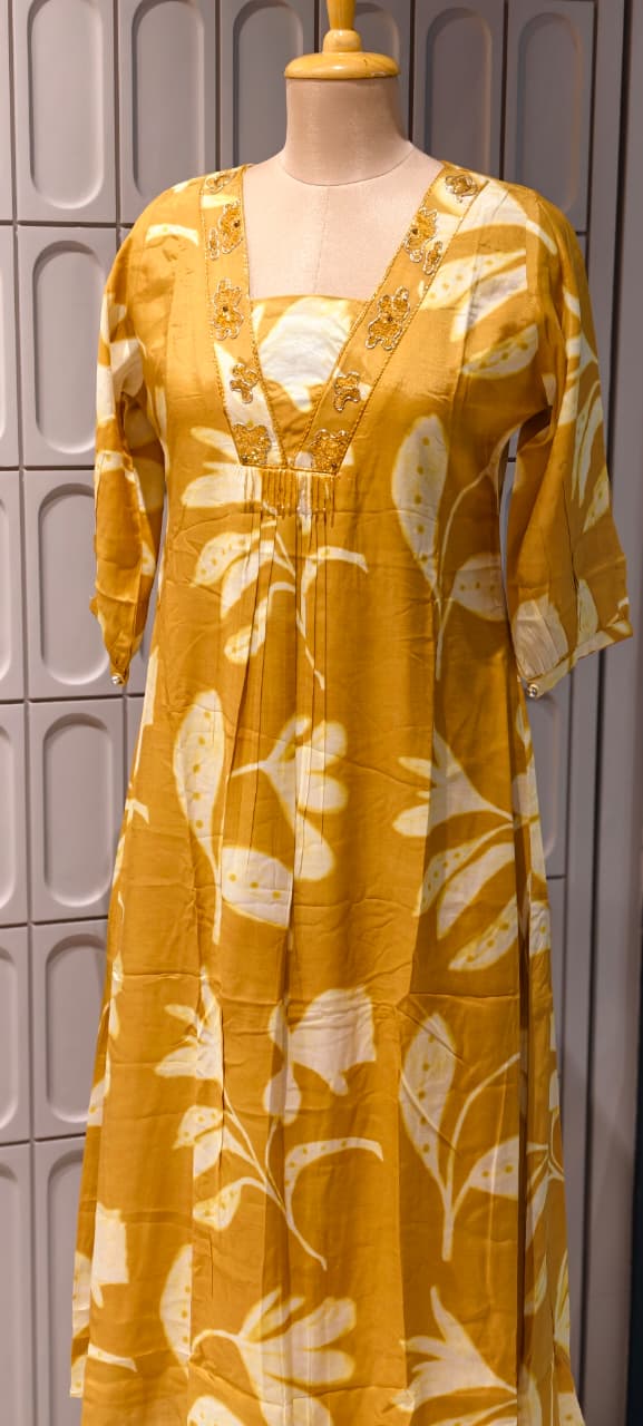 Melodic Printed Cut-Dana Neck Line Tassel Accent Russian Silk Daily Wear Frock- 14638