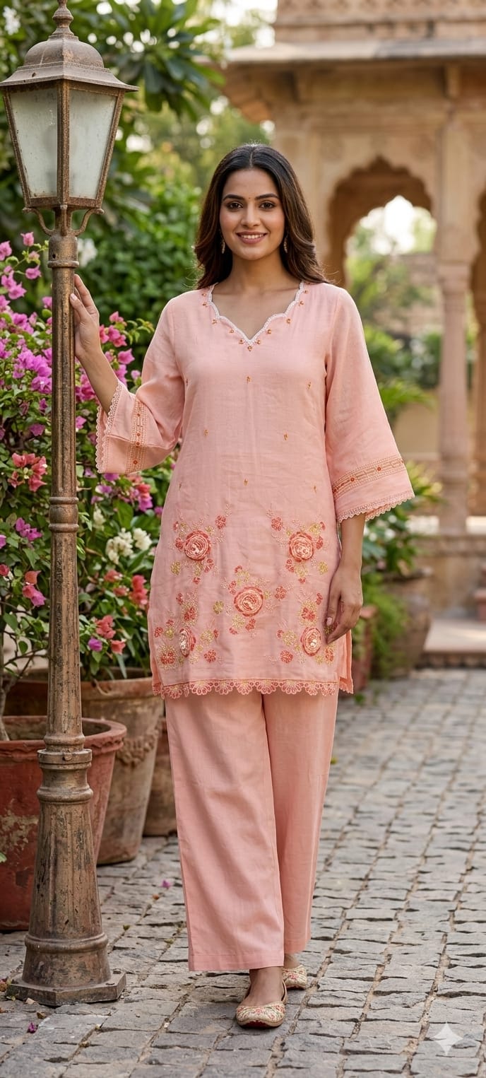 Sequin Cut-Work Neck Line Pastel Shaded Cotton Co-Ord Set- 14612