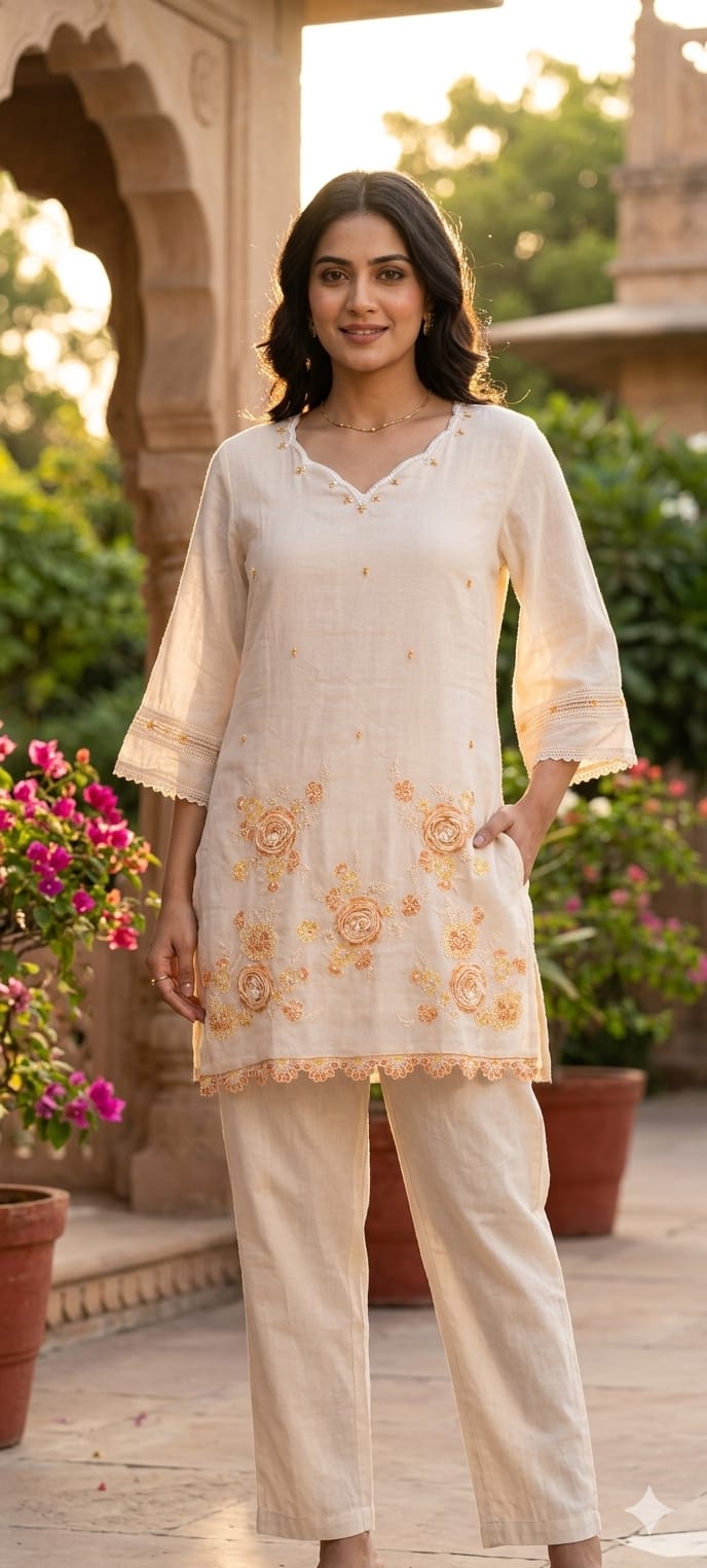 Sequin Cut-Work Neck Line Pastel Shaded Cotton Co-Ord Set- 14612