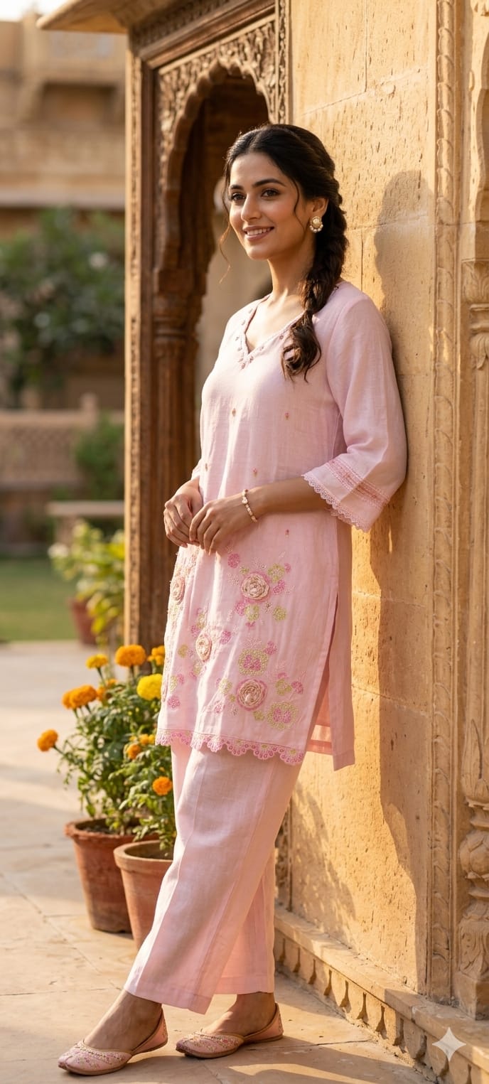 Sequin Cut-Work Neck Line Pastel Shaded Cotton Co-Ord Set- 14612