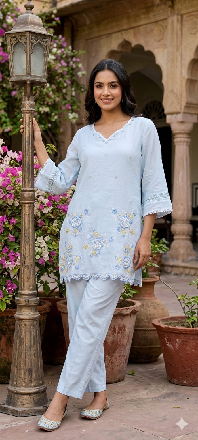 Sequin Cut-Work Neck Line Pastel Shaded Cotton Co-Ord Set- 14612