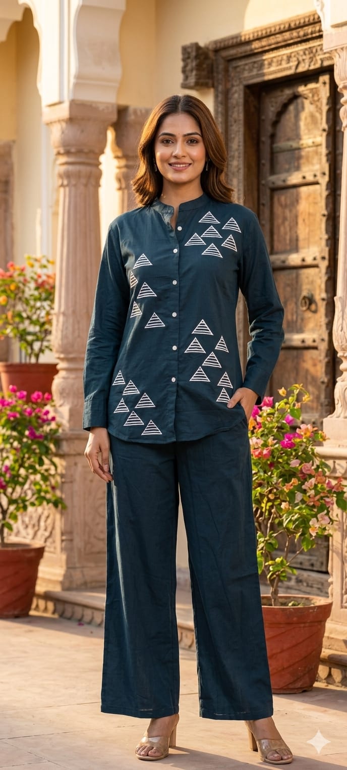 Bold Geometric Embroidered Solid Cotton Co-Ord Set- 14580