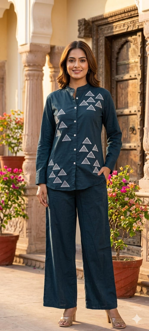 Bold Geometric Embroidered Solid Cotton Co-Ord Set- 14580