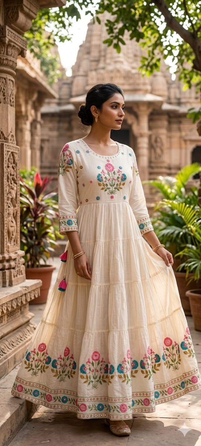 Multicolor Thread Embroidery Sequin Upwork Pastel Shade Multi Layers Plated Frock- 14627