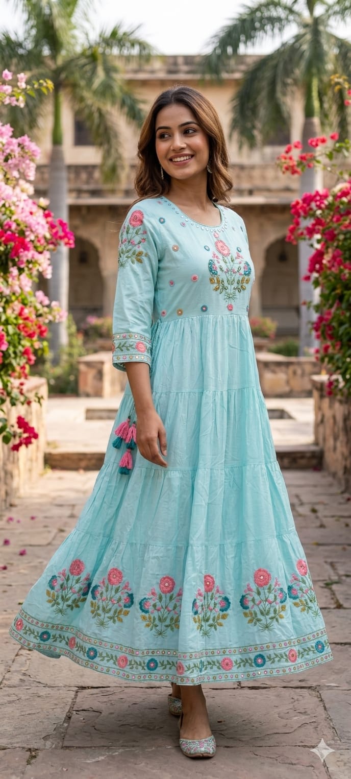 Multicolor Thread Embroidery Sequin Upwork Pastel Shade Multi Layers Plated Frock- 14627