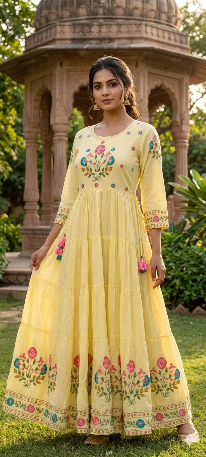 Multicolor Thread Embroidery Sequin Upwork Pastel Shade Multi Layers Plated Frock- 14627