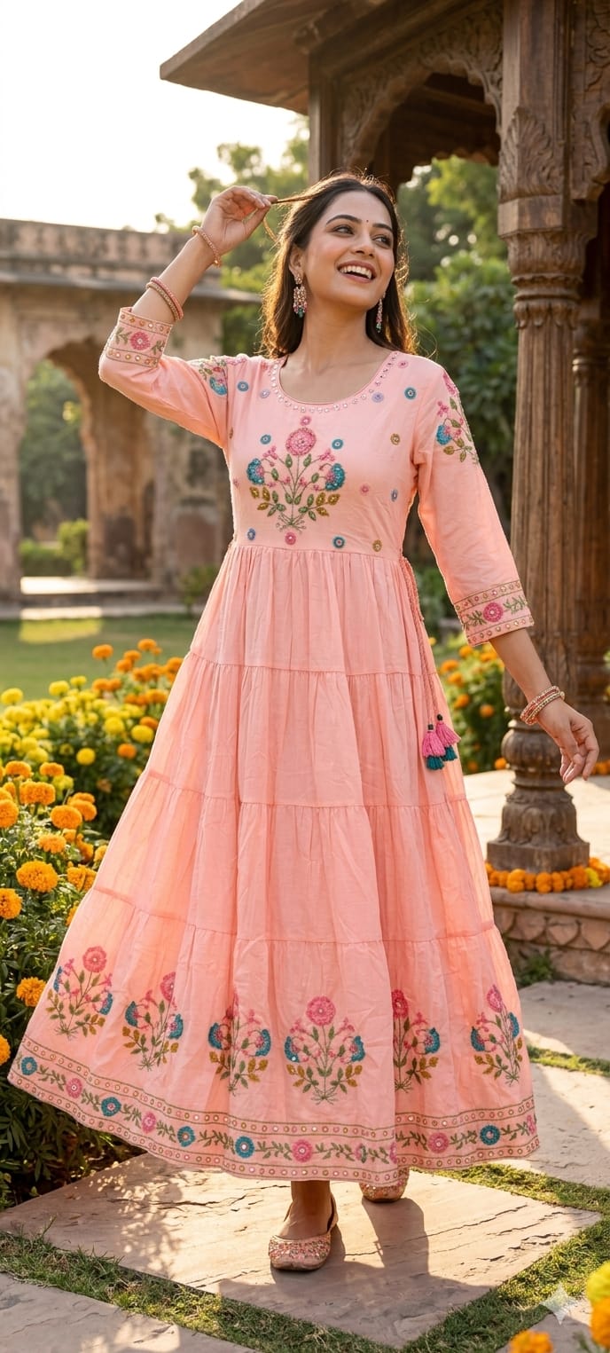 Multicolor Thread Embroidery Sequin Upwork Pastel Shade Multi Layers Plated Frock- 14627
