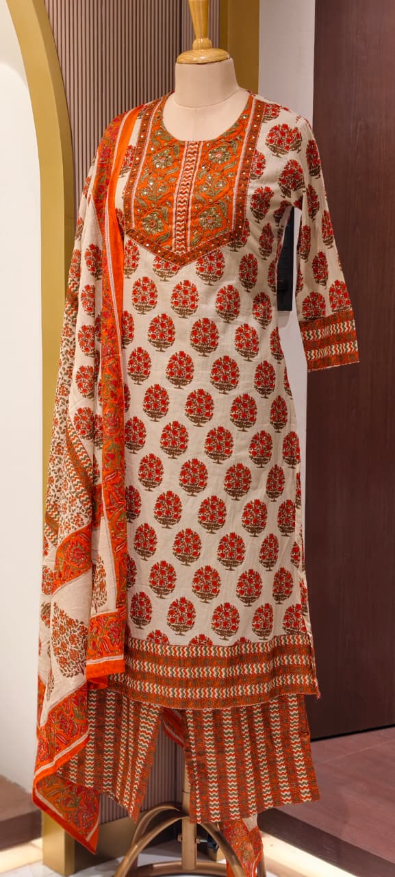Pure Traditional Printed Ethnic Wear Cotton Full Suit Set With Dupatta- 14695 (Body Hugging)