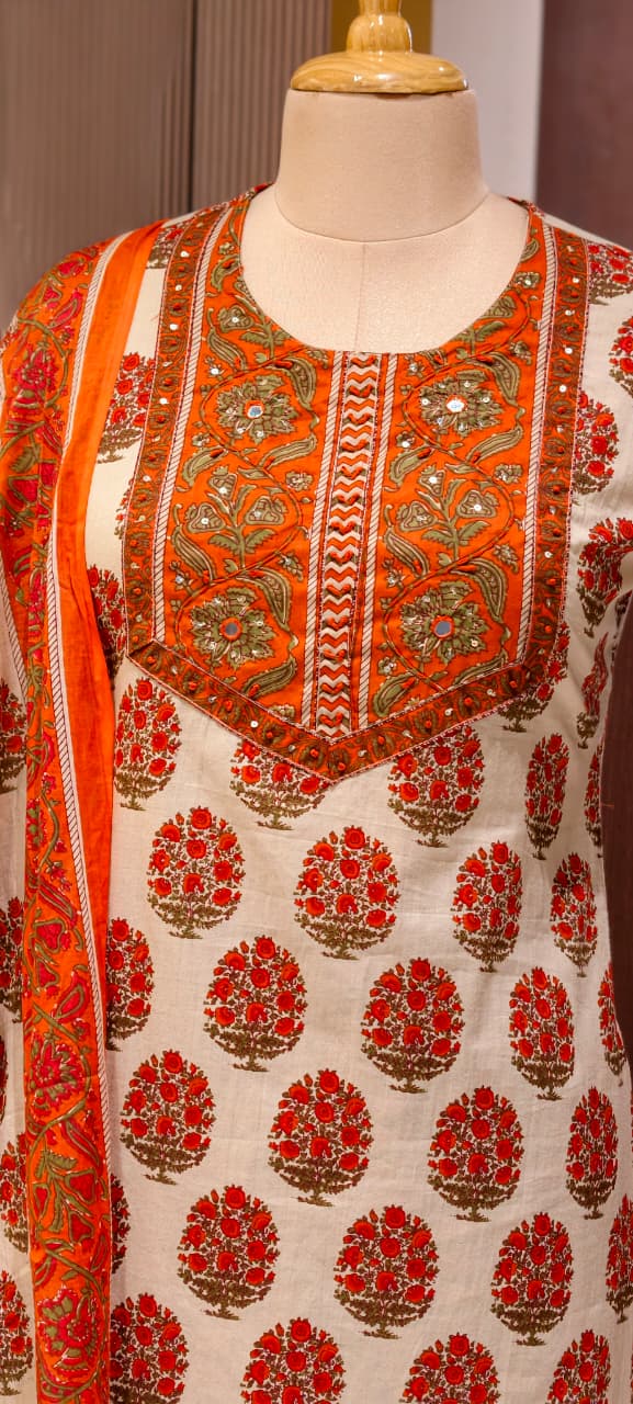 Pure Traditional Printed Ethnic Wear Cotton Full Suit Set With Dupatta- 14695 (Body Hugging)