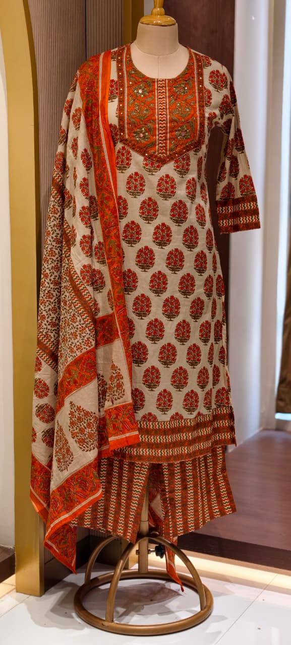 Pure Traditional Printed Ethnic Wear Cotton Full Suit Set With Dupatta- 14695 (Body Hugging)