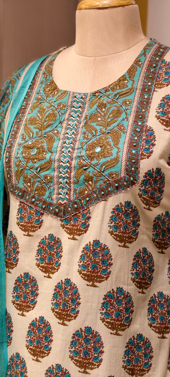 Pure Traditional Printed Ethnic Wear Cotton Full Suit Set With Dupatta- 14695 (Body Hugging)