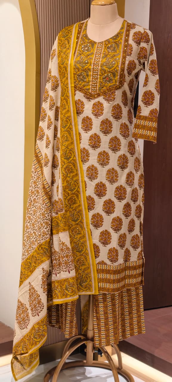 Pure Traditional Printed Ethnic Wear Cotton Full Suit Set With Dupatta- 14695 (Body Hugging)