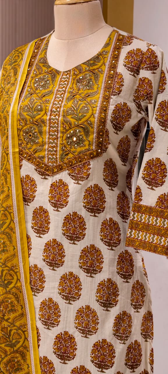 Pure Traditional Printed Ethnic Wear Cotton Full Suit Set With Dupatta- 14695 (Body Hugging)