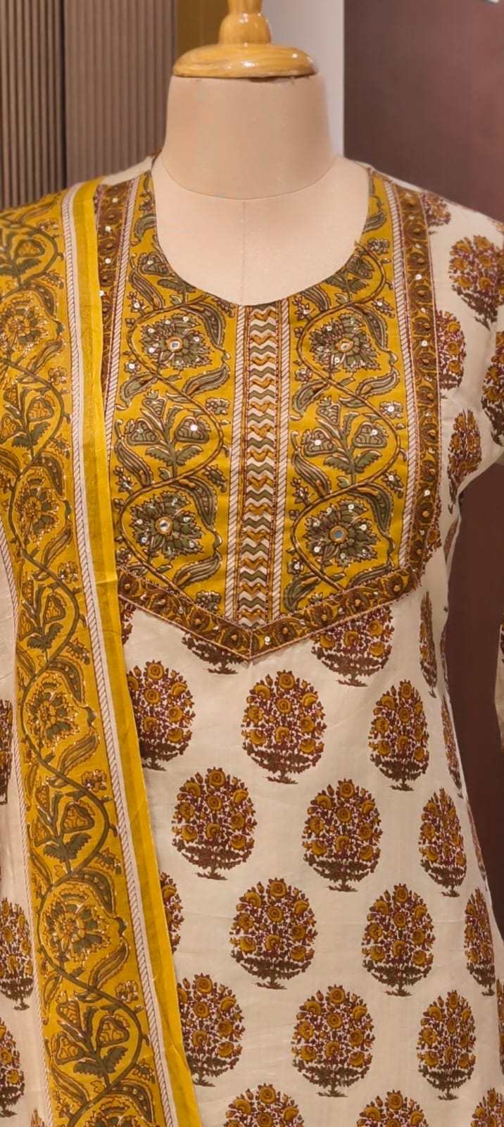 Pure Traditional Printed Ethnic Wear Cotton Full Suit Set With Dupatta- 14695 (Body Hugging)