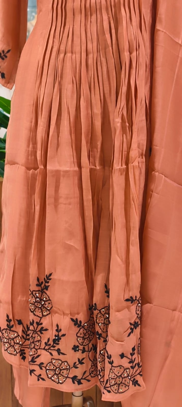 Surat Mul Chanderi Intricate Fine Embroidery Pleated A-Line Solid Full Suit Set With Dupatta- 14677
