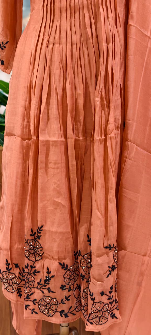 Surat Mul Chanderi Intricate Fine Embroidery Pleated A-Line Solid Full Suit Set With Dupatta- 14677