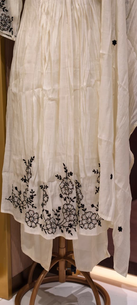 Surat Mul Chanderi Intricate Fine Embroidery Pleated A-Line Solid Full Suit Set With Dupatta- 14677