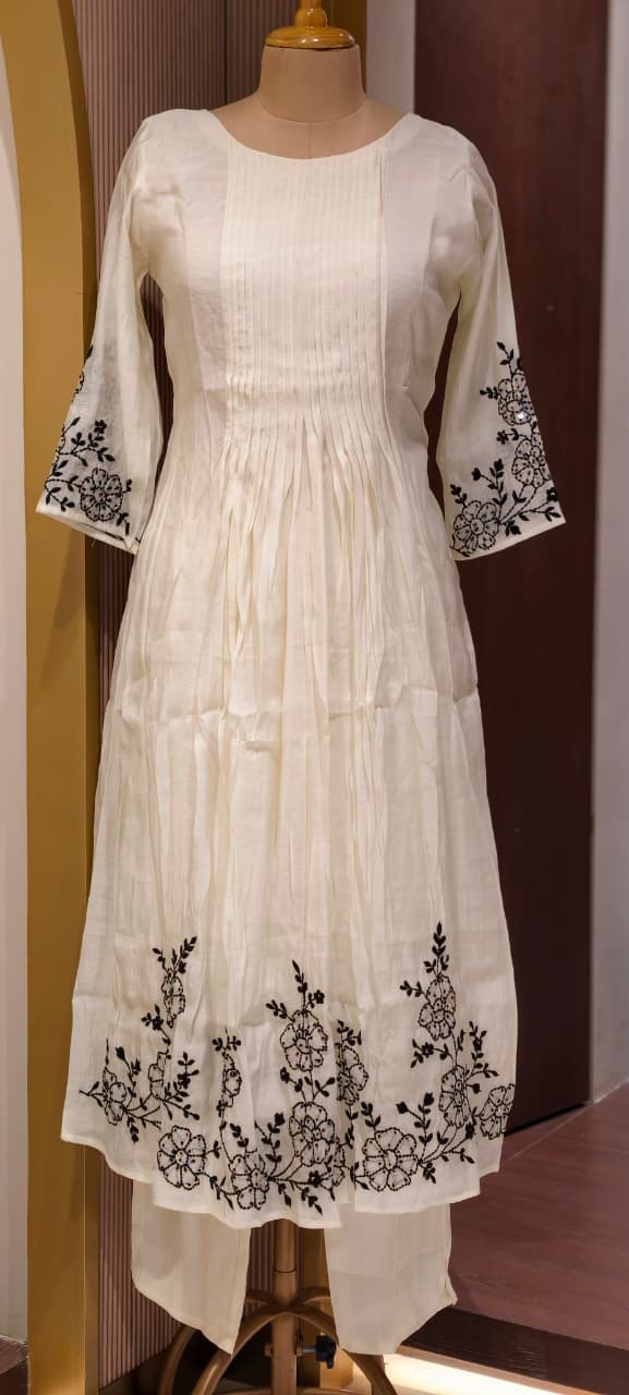 Surat Mul Chanderi Intricate Fine Embroidery Pleated A-Line Solid Full Suit Set With Dupatta- 14677
