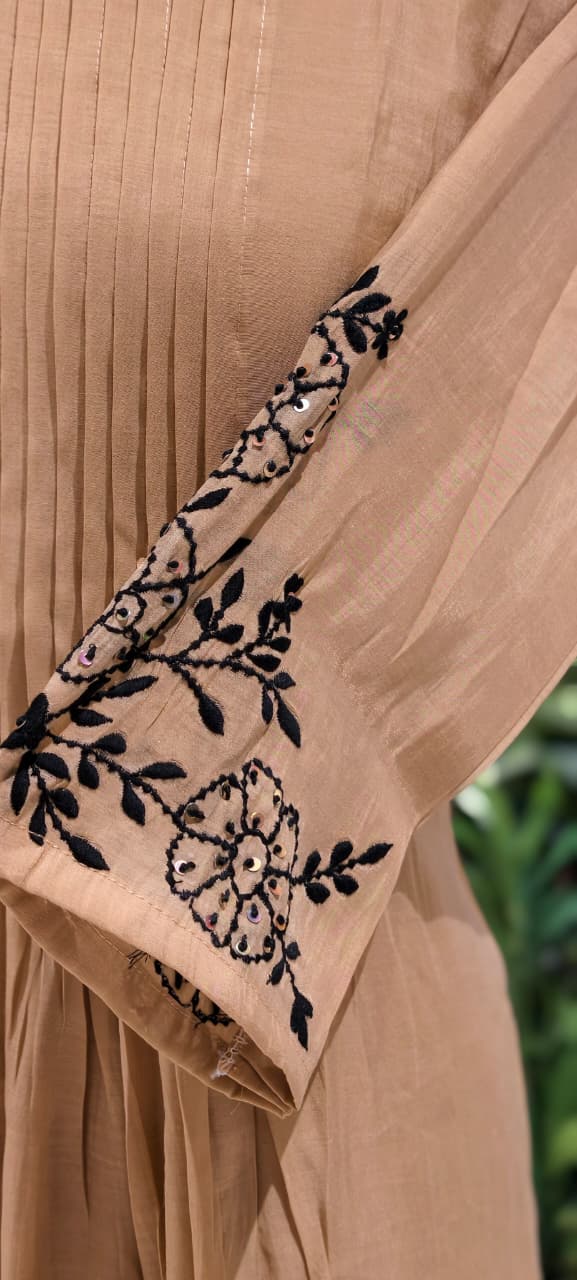 Surat Mul Chanderi Intricate Fine Embroidery Pleated A-Line Solid Full Suit Set With Dupatta- 14677