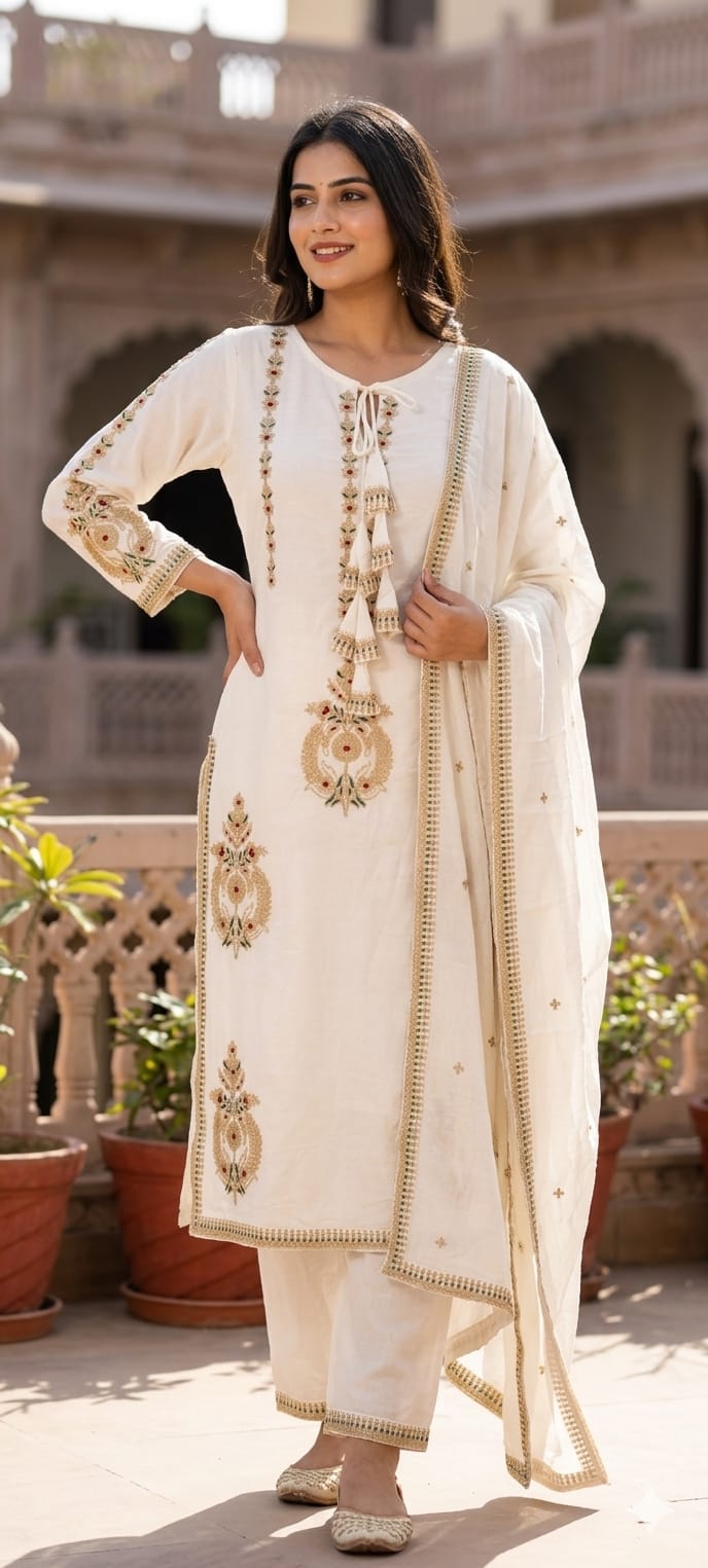 Golden Touch Pure Zardosi Work Embroidery Occasional Wear Mul Cotton Full Suit Set With Dupatta- 14731