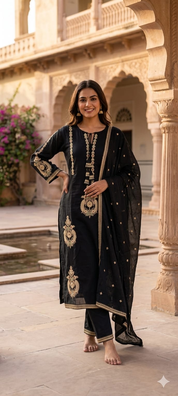 Golden Touch Pure Zardosi Work Embroidery Occasional Wear Mul Cotton Full Suit Set With Dupatta- 14731