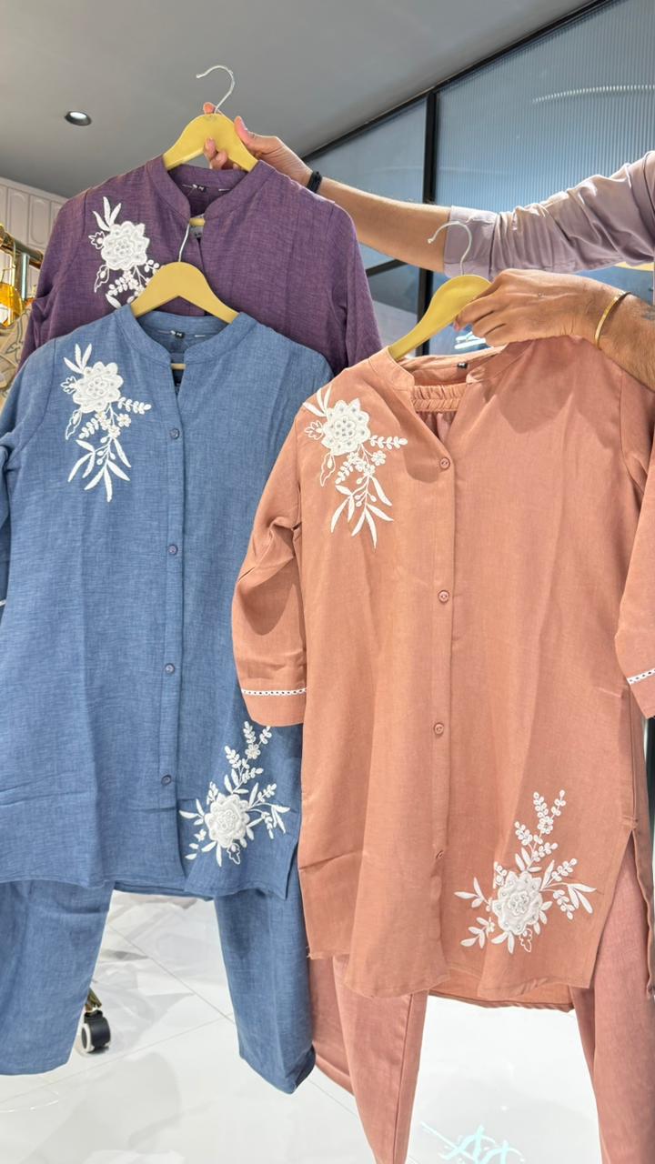 Suttle Floral Embroidery Smart Casual Look Solid Cotton Co-Ord Set-