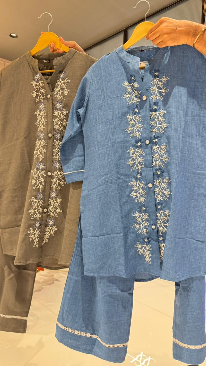 Fine Tiny Floral Embroidery Buttoned Soft Denim Matching Co-Ord Set-14732