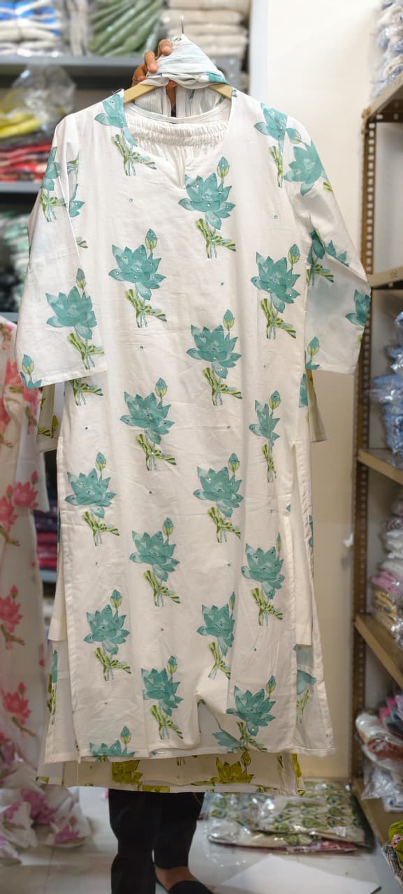Graceful Lotus Bloom Printed Pastel Cotton Full Suit Set With Kota Doria Dupatta- 14535