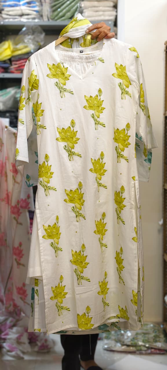 Graceful Lotus Bloom Printed Pastel Cotton Full Suit Set With Kota Doria Dupatta- 14535