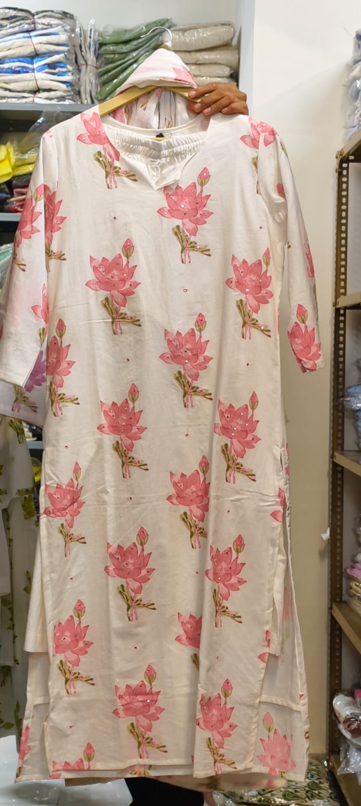 Graceful Lotus Bloom Printed Pastel Cotton Full Suit Set With Kota Doria Dupatta- 14535