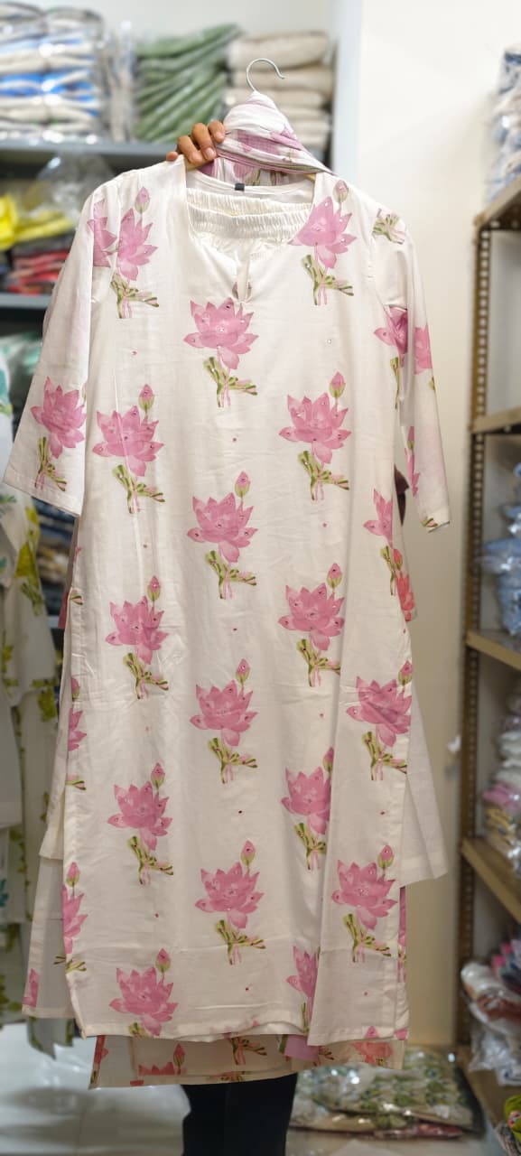 Graceful Lotus Bloom Printed Pastel Cotton Full Suit Set With Kota Doria Dupatta- 14535