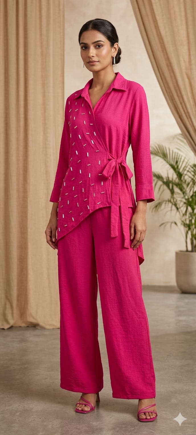 One Sided Golden Statement Work Solid Knotted Stretchable Co-Ord Set- 14789