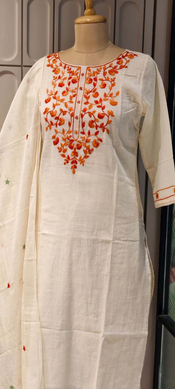 Elegant Off-White Kora Cotton Full Suit Set with Intricate Multi-Color Thread Embroidery