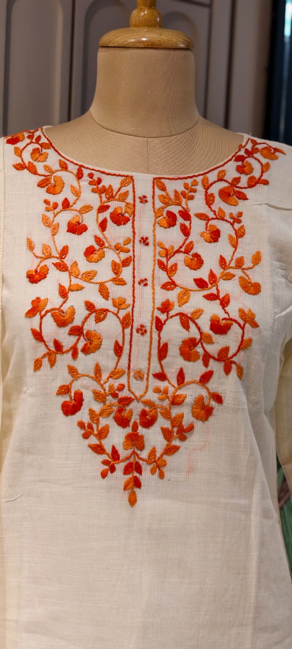 Elegant Off-White Kora Cotton Full Suit Set with Intricate Multi-Color Thread Embroidery