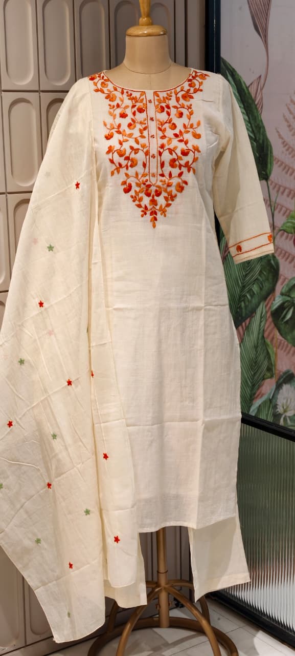 Elegant Off-White Kora Cotton Full Suit Set with Intricate Multi-Color Thread Embroidery