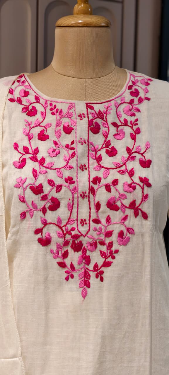 Elegant Off-White Kora Cotton Full Suit Set with Intricate Multi-Color Thread Embroidery