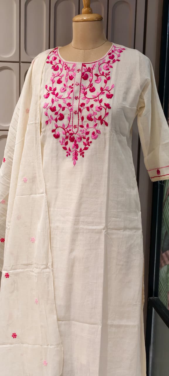 Elegant Off-White Kora Cotton Full Suit Set with Intricate Multi-Color Thread Embroidery