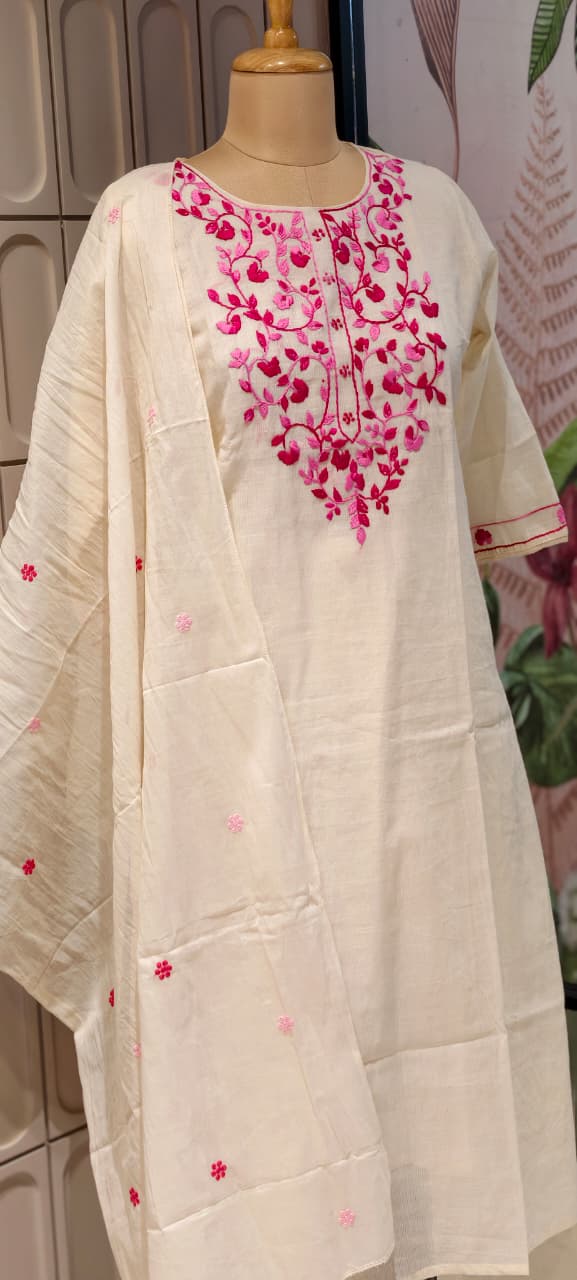 Elegant Off-White Kora Cotton Full Suit Set with Intricate Multi-Color Thread Embroidery