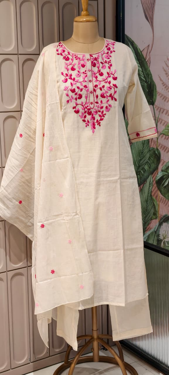 Elegant Off-White Kora Cotton Full Suit Set with Intricate Multi-Color Thread Embroidery