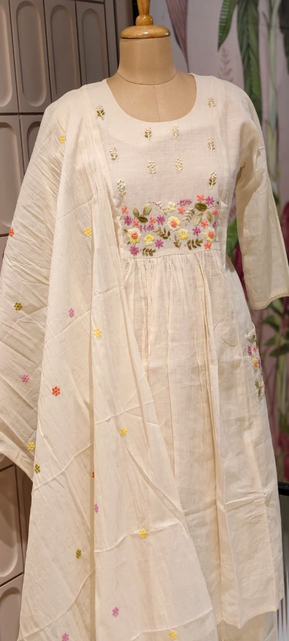 Ivory Floral Embroidered A-Line Full Suit Set With Dupatta In Kora Cotton Fabric- 14688