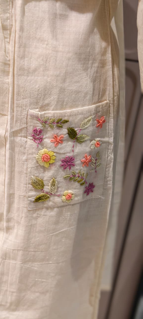Ivory Floral Embroidered A-Line Full Suit Set With Dupatta In Kora Cotton Fabric- 14688