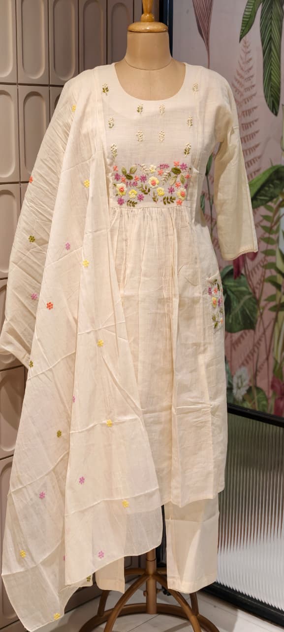 Ivory Floral Embroidered A-Line Full Suit Set With Dupatta In Kora Cotton Fabric- 14688