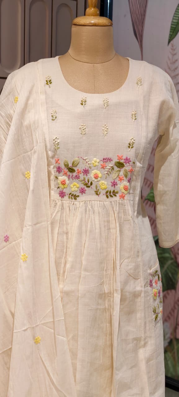Ivory Floral Embroidered A-Line Full Suit Set With Dupatta In Kora Cotton Fabric- 14688